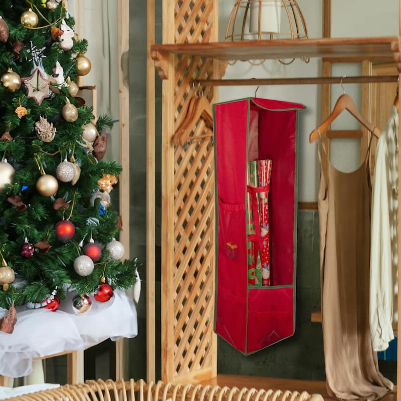 36" Vertical Red and Green Hanging Christmas Decoration Organizer Storage Bag