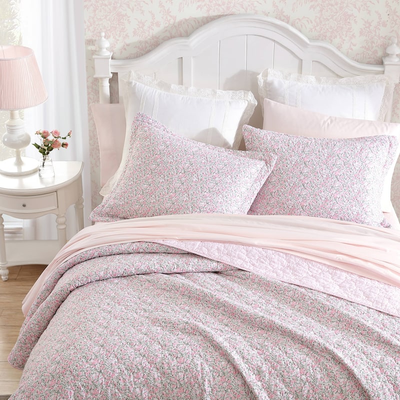 Laura Ashley Loveston Cotton Reversible Pink Quilt Set Bed Bath