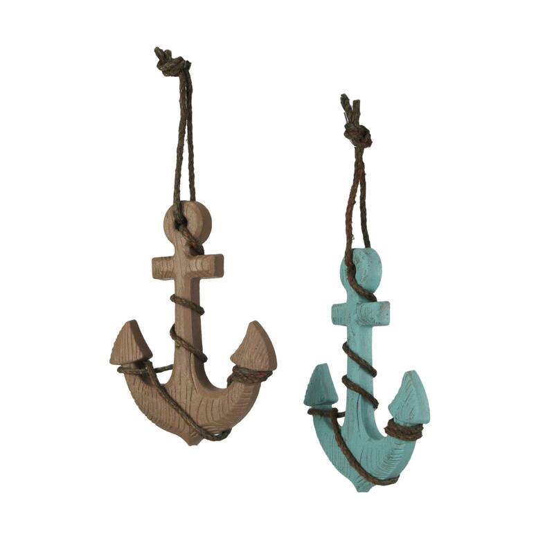 Wooden Ship Anchor Wall Hangings Blue And Brown 8.75 Inch (Set Of 2)