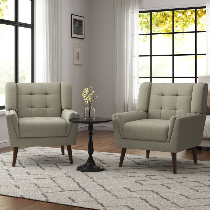 2 Set Mid Century Modern Linen Accent Armchair with Wooden Legs - Beige Gray