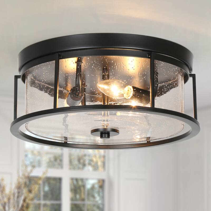 Modern Industrial 3-Light Glass Flush Mount Round Metal Ceiling Light - D 13"* H 6" - D 13"* H 6"    - Black