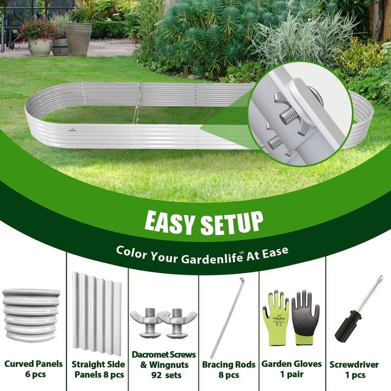 Outdoor 12 ft. x 3 ft. x 1.5 ft. Oval Extra Large Metal Anti-Rust Raised Garden Bed in Gray For Vegetables and Flowers
