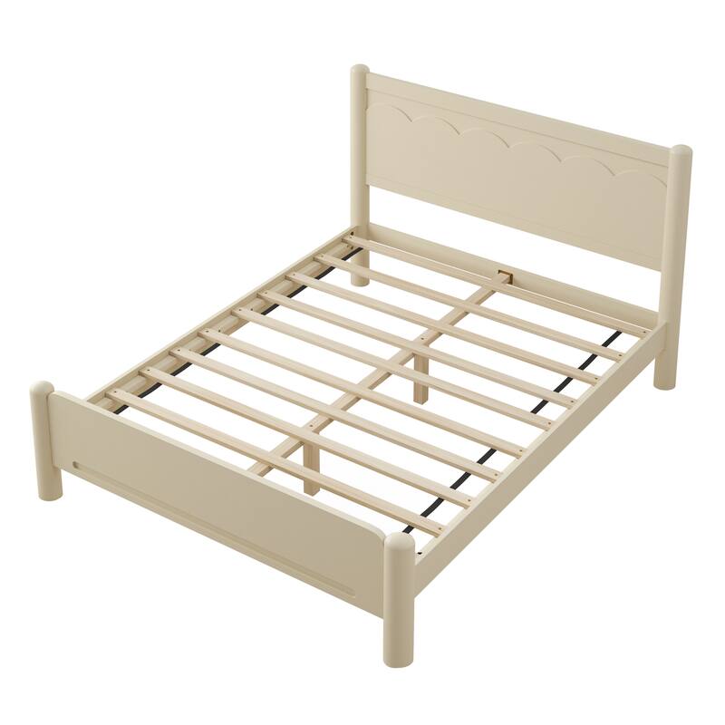 Queen Size Wood Platform Bed with Headboard, Solid Wood Legs, No Box Spring Needed, Beige