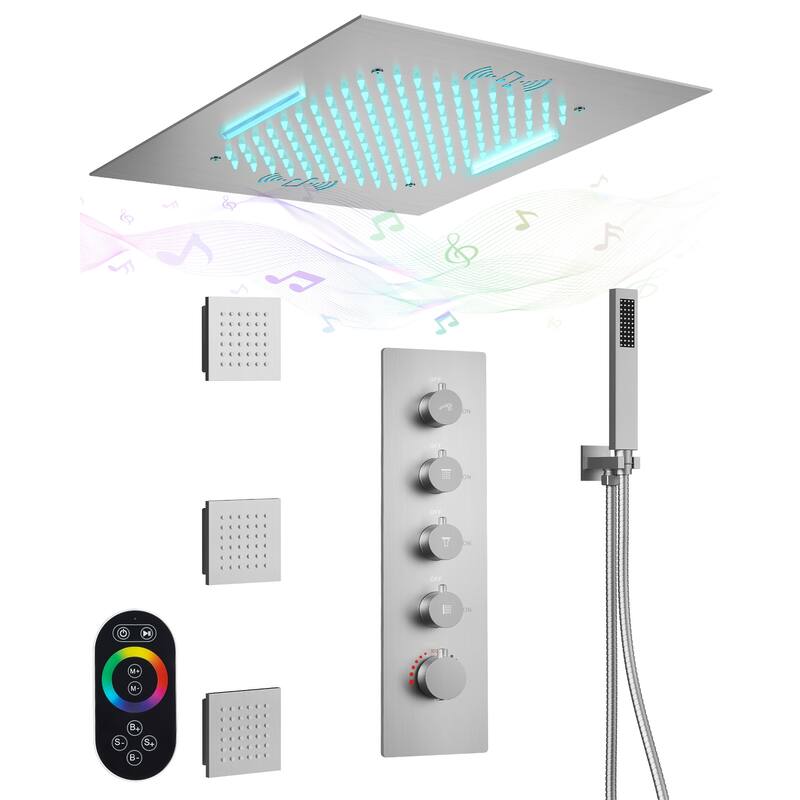 20" Thermostatic Shower System, 64-Color LED Mood Lighting 2-Functions Shower Head with Bluetooth Music & 3 Body Jets