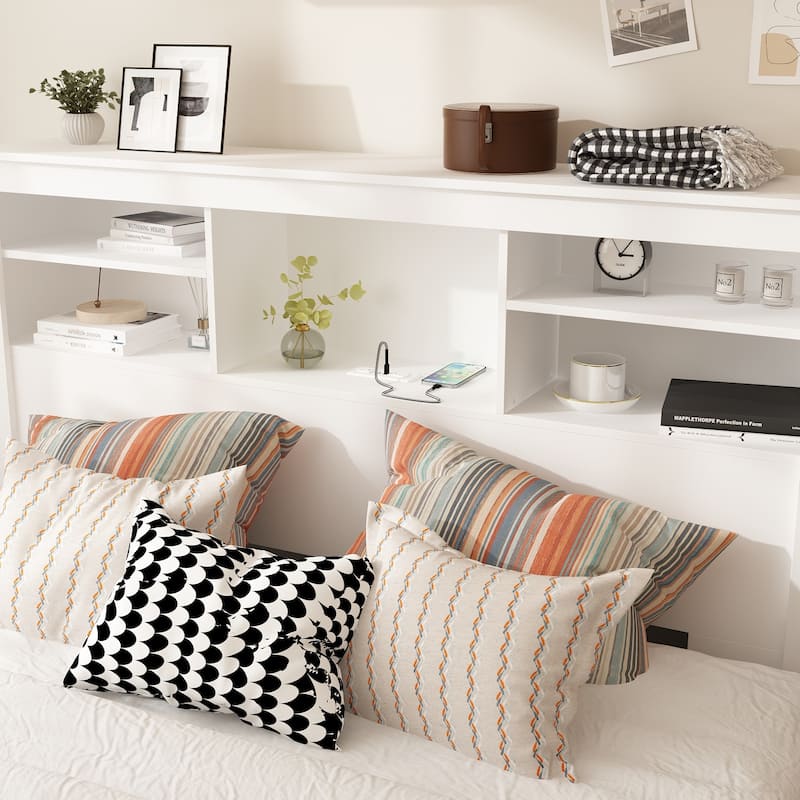 65"W Timechee Wooden Bookcase Headboard With Light
