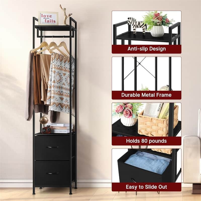 Clothes Rack 3 Tiers Heavy Duty Coat Rack with 2 Fabric Drawers - 11.4"D x 15.4"W x 71.1"H