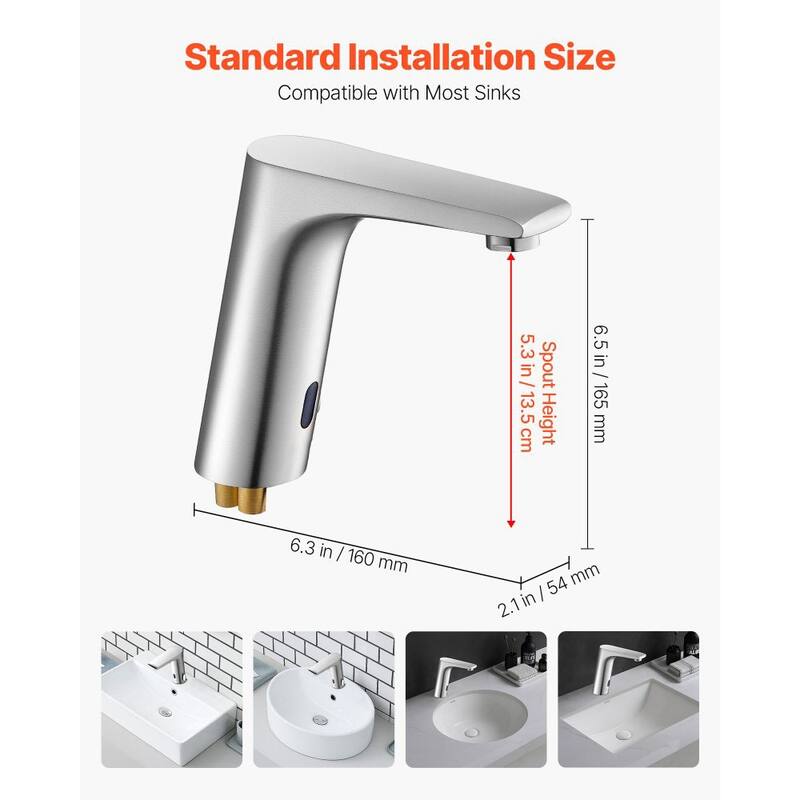 Silver Brushed Nickel Brass Touchless Bathroom Sink Faucet with Infrared Sensor and Temperature Control - 6.3 x 2.1 x 6.5 in
