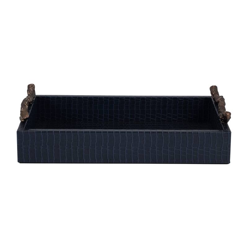 Sagebrook Home's Faux Leather 16" Copenhagen Tray in Chic Navy/Gold - Durable MDF, Aluminum Accents - 16" x 10" x 4"