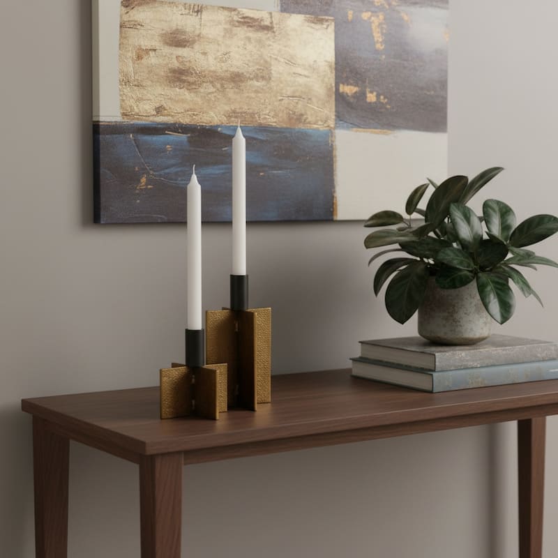 Set of Two Black And Antiqued Gold Distressed Geometric Metal Tabletop Taper Candle Holders - Antiqued Gold/Black