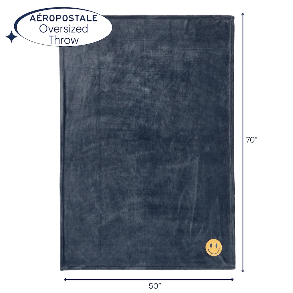 Aeropostale 50"x70" Luxurious Grey Soft Plush Oversized Throw Blanket with Decorative Smiley Face Patch