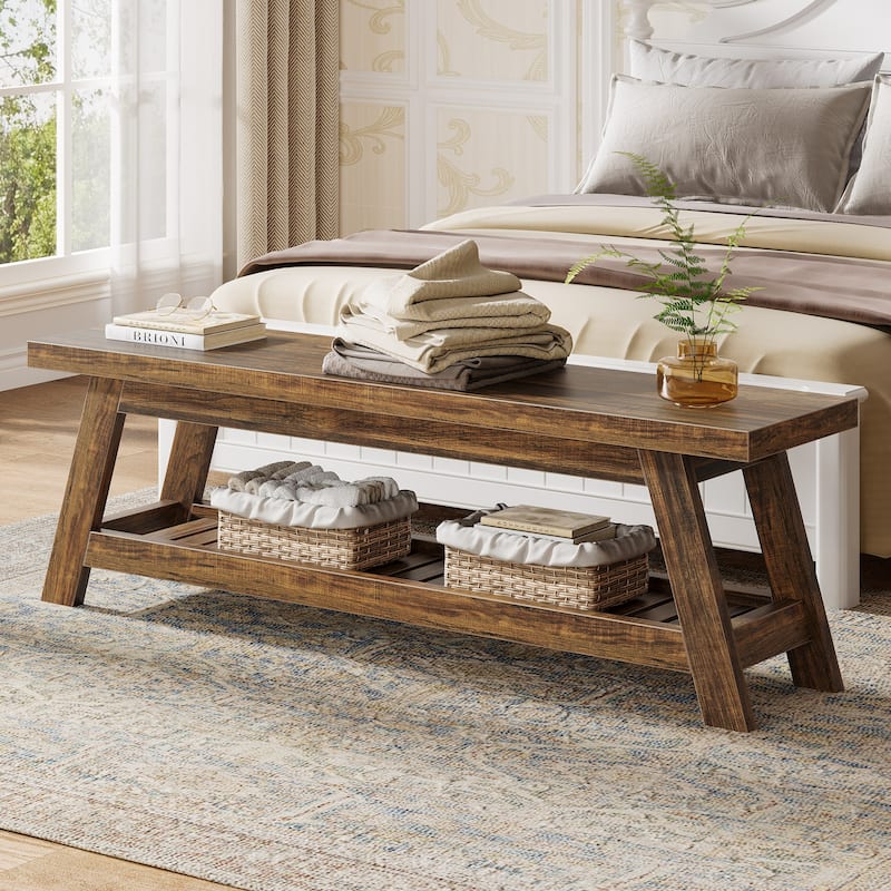 2-Tier Entryway Shoe Bench with Storage, 55-Inch Wood Storage Bench for Living Room, Bedrooms - 55.12" W x 13.78" D x 17.72" H