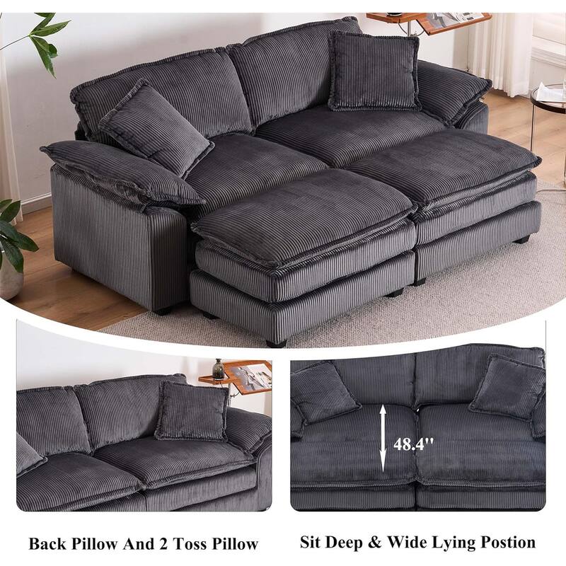 Modern 2-Seater Corduroy Sofa with 4 Support Pillows and 2 Ottomans