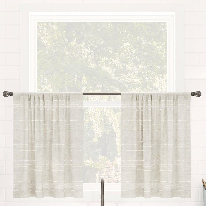 Clean Window Textured Slub Stripe Anti-Dust Linen Blend Sheer Cafe Curtain Pair - Linen - 52" x 24"
