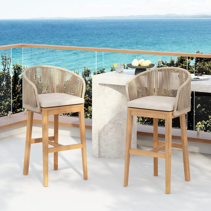 Christopher Knight Home- Eulalia Acacia Wood Patio Bar Stool (Set of 2) - Teak Finish+Beige Rope+Beige Cushion