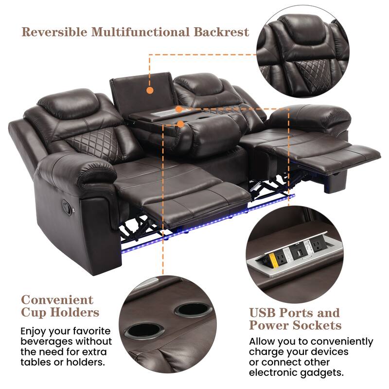 Home Theater Seating Manual Recliner Chair with Center Console and LED Light Strip for Living Room, Black