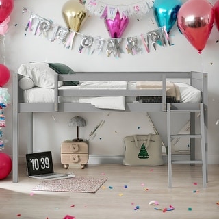 Modern Full Size Wood Low Loft Bed with Convertible Ladder Can be Placed on The Left or Right for Bedroom