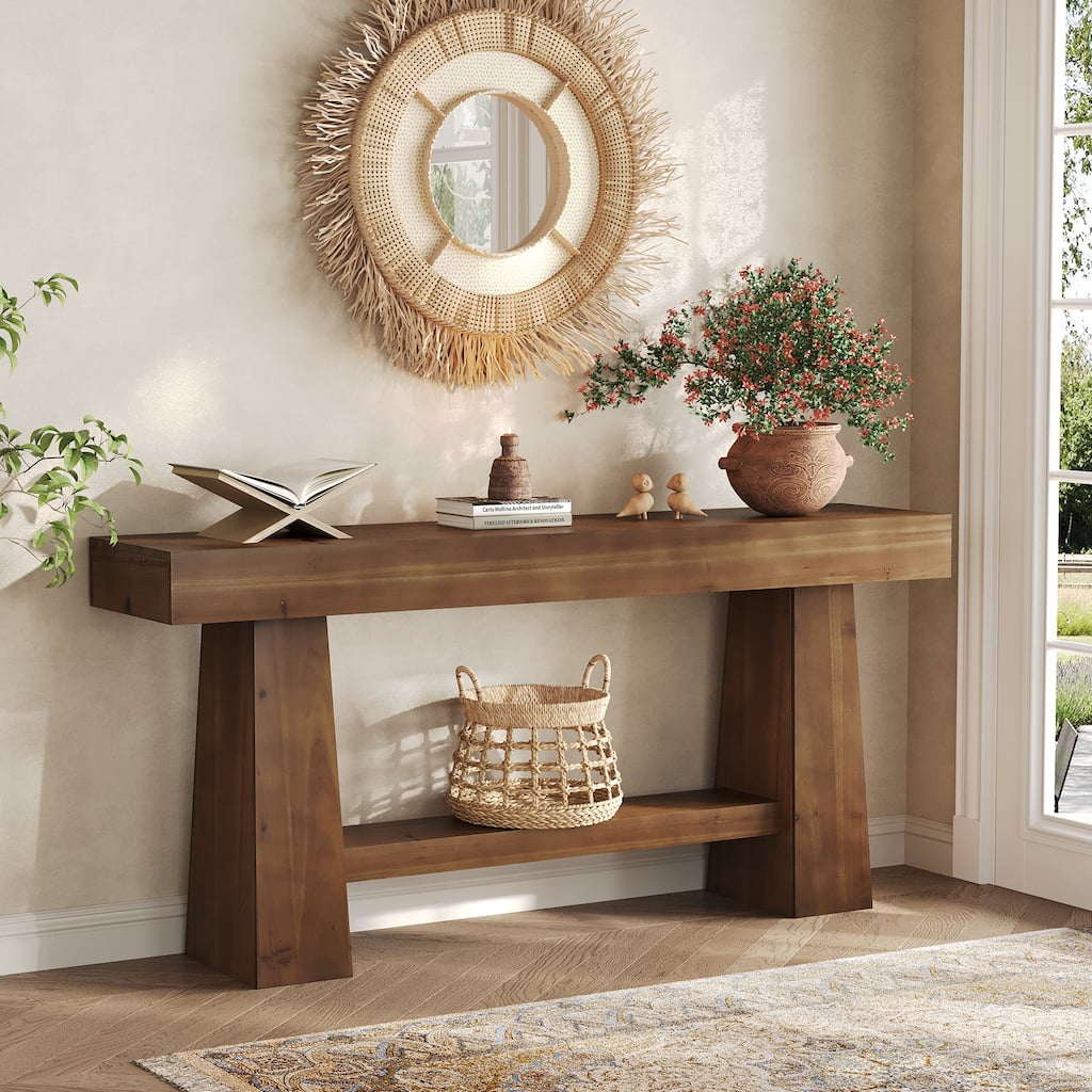 63 Inch Solid Wood Console Table with Shelf for Entryway