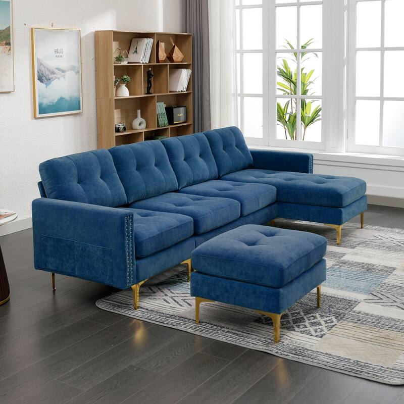Convertible L-Shaped Velvet Sectional Sofa with Movable Ottoman and Gold Metal Legs for Living Room