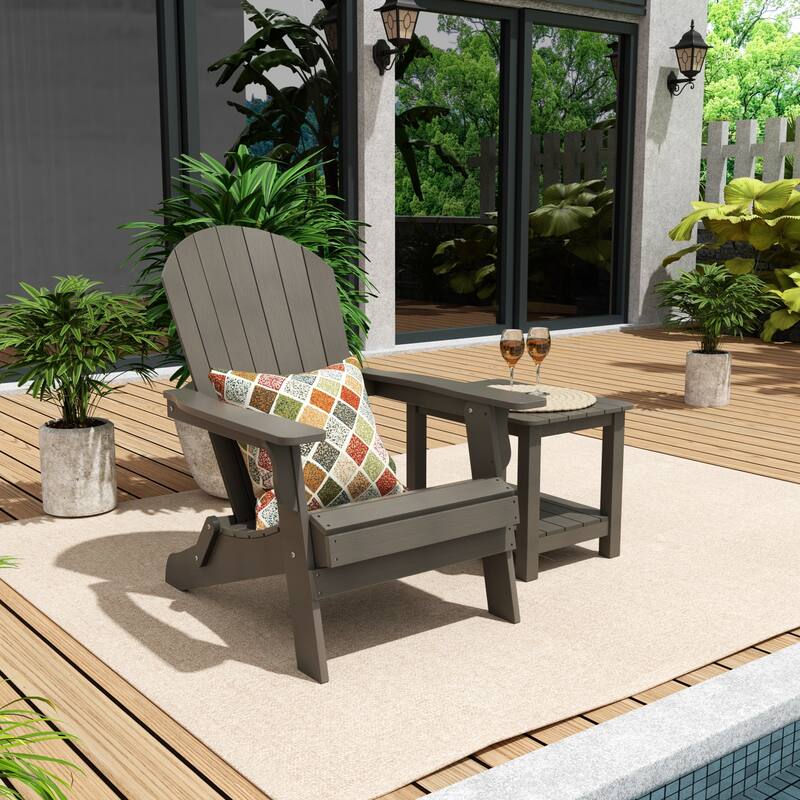 Vineyard HIPS Outdoor Folding Eco-Friendly All Weather Seashell Adirondack Chair with Side Table (2-Piece Set) - Charcoal Gray