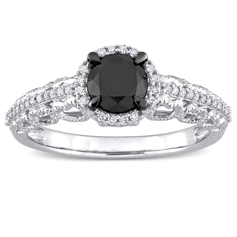 Miadora 10k White Gold with Black Rhodium 1 1/6ct TDW Black & White Diamond Halo Engagement Ring