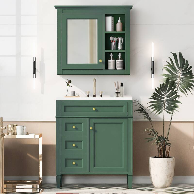 GDFStudio - Ravensden Modern Freestanding Bathroom Vanity Set with Ceramic Sink and Mirror Cabinet with a Tip-out Drawer - 30'W