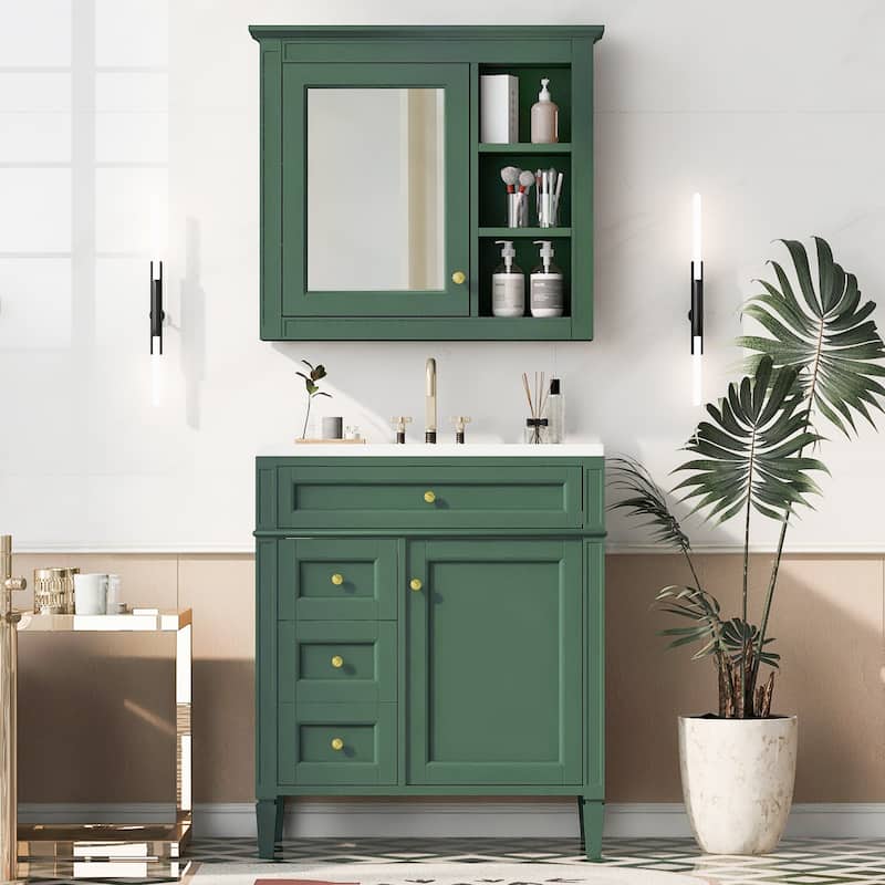 Roomfitters 30" Vanity with Sink, Cabinet with 2 Drawers and Tip-out Tray, Set with Mirror Cabinet, Freestanding Design