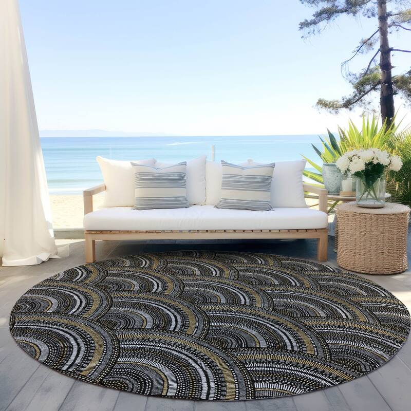 Machine Washable Indoor/ Outdoor Modern Mosaic Chantille Rug - Black - 8' x 8'