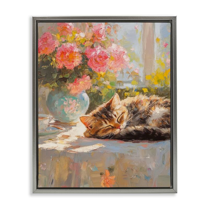 Stupell Sleeping Kitten & Flower Vase Framed Floater Canvas Wall Art Design By Nini Art - 17 x 21 - Grey