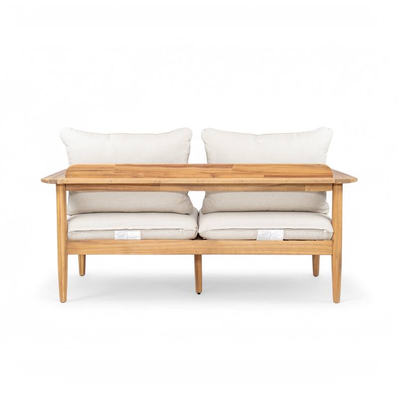 Roomfitters Terassi Outdoor Acacia Wood Loveseat with Wide Armrests, Teak Finish and Beige Cushions