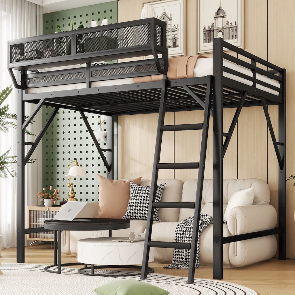Queen Size Metal Loft Bed with Ladder and Storage Shelves, High Loft Bed Frame for Kids and Teens