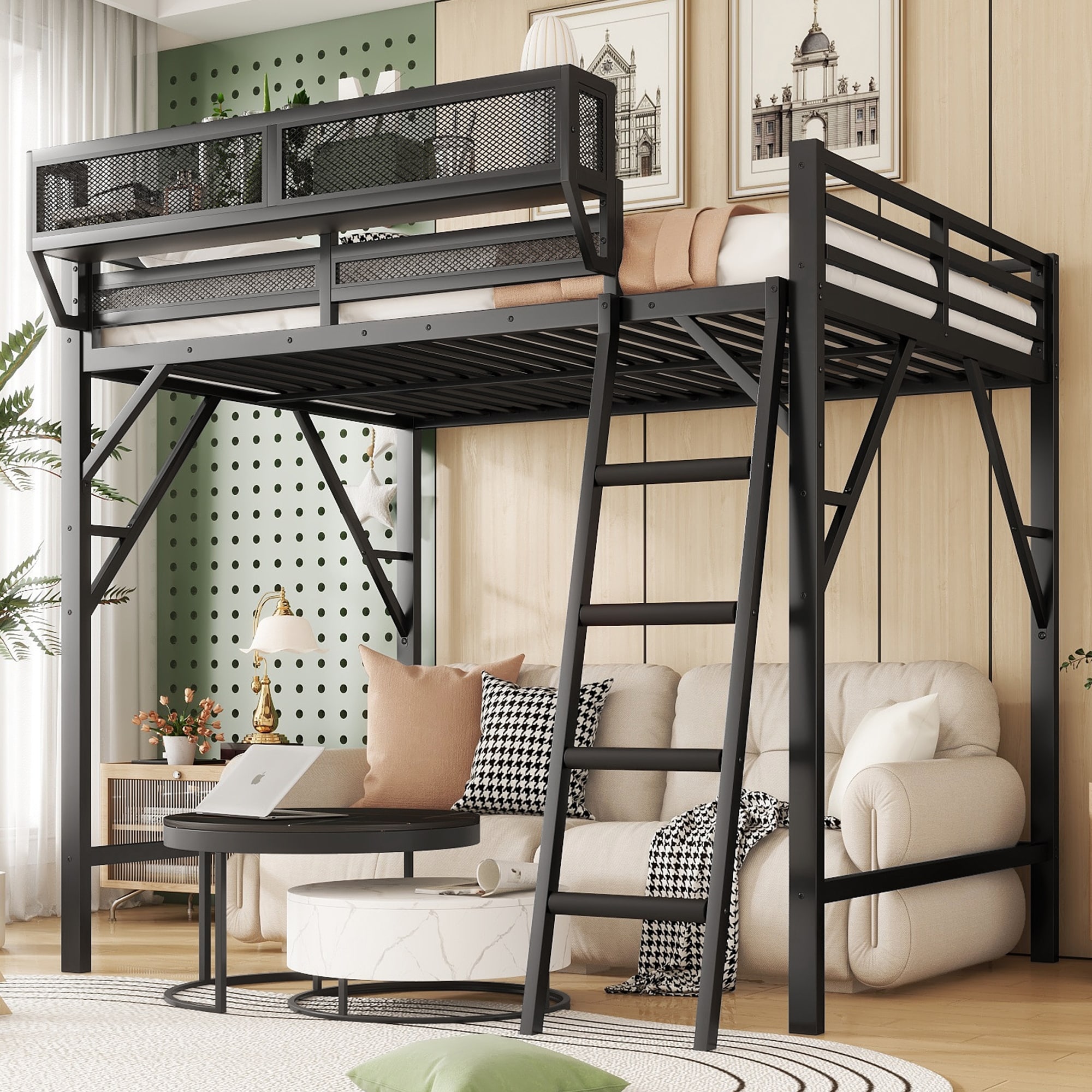 Queen Size Metal Loft Bed with Ladder and Storage Shelves