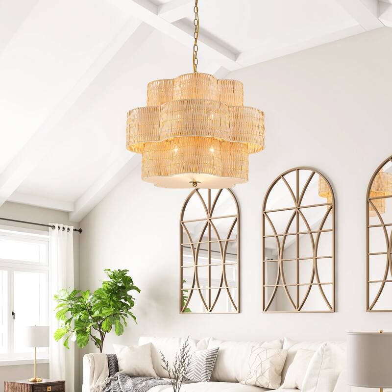 C Cattleya 6-Light Natural Rattan Chandelier with 3-Tier Hand Woven Flower-Shaped Shade - 24-inch