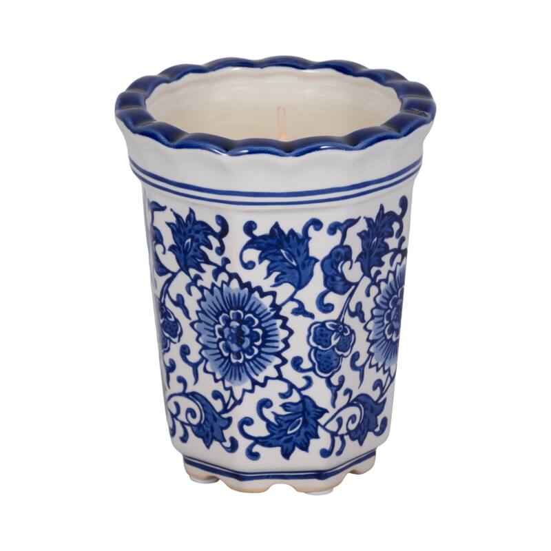 Sagebrook Home Ceramic Wax Fluted Chinoiserie Candle, 4-Inch, 7oz Blue/White - 4" x 4" x 6" - 4" x 4" x 6" - Floral Blue/white