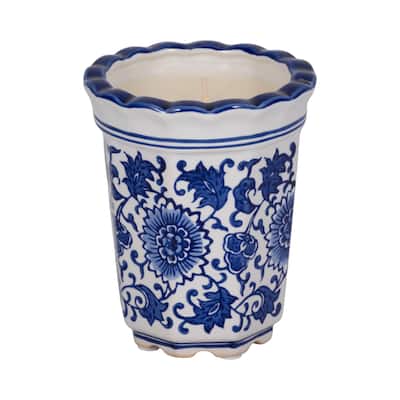 Sagebrook Home Ceramic Wax Fluted Chinoiserie Candle, 4-Inch, 7oz Blue/White - 4" x 4" x 6"