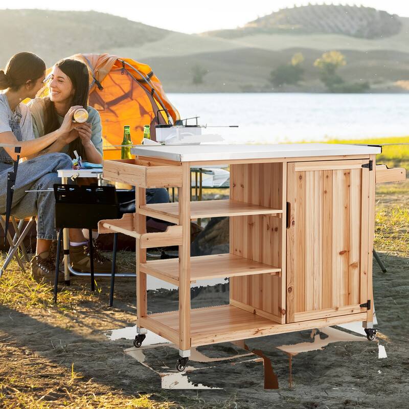 EROMMY Outdoor Kitchen Island on Wheels, Solid Cedar Wood Grill Cart with 201 Stainless Steel Top & 3‑Tier Storage - Wood Color
