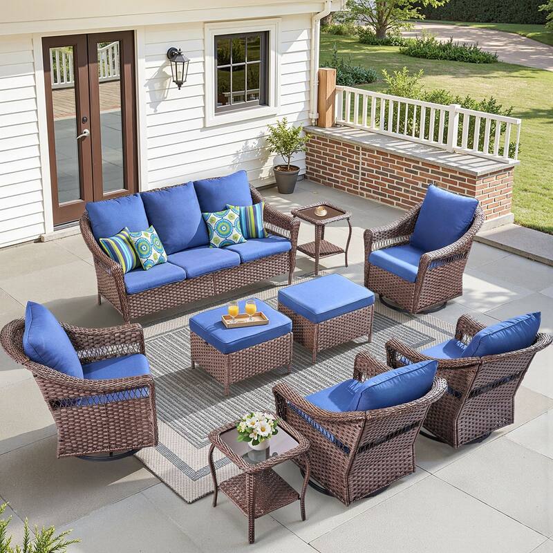 Pocassy 9 Pieces Patio Sofa Swivel Chair Table with Ottomans - Brown & Blue