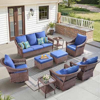Pocassy 9 Pieces Patio Sofa Swivel Chair Table with Ottomans
