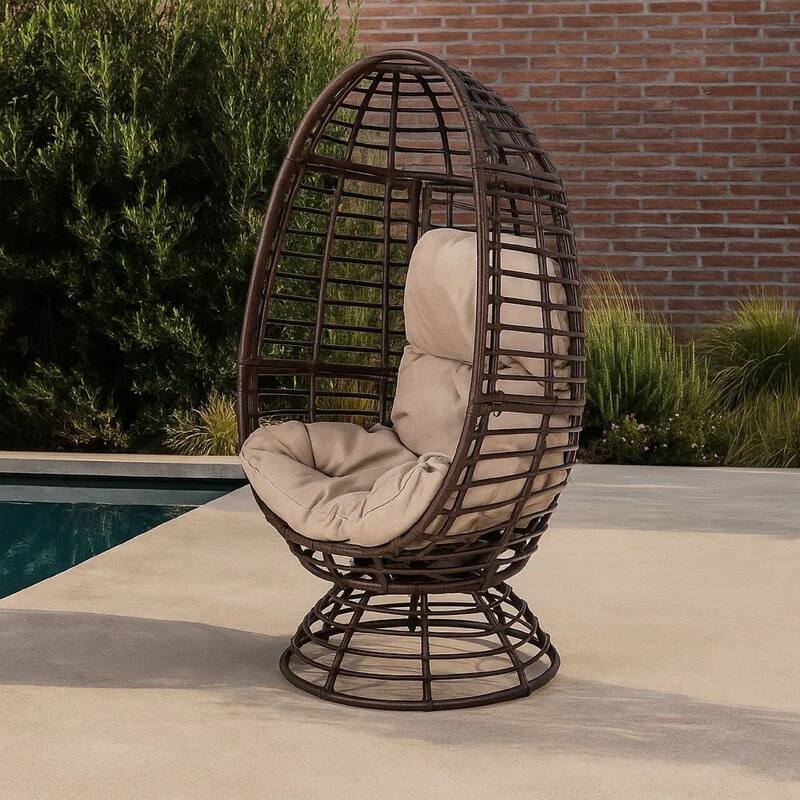 Swivel Outdoor Egg Chair, Brown PE Woven Rattan, Iron, Beige Polyester