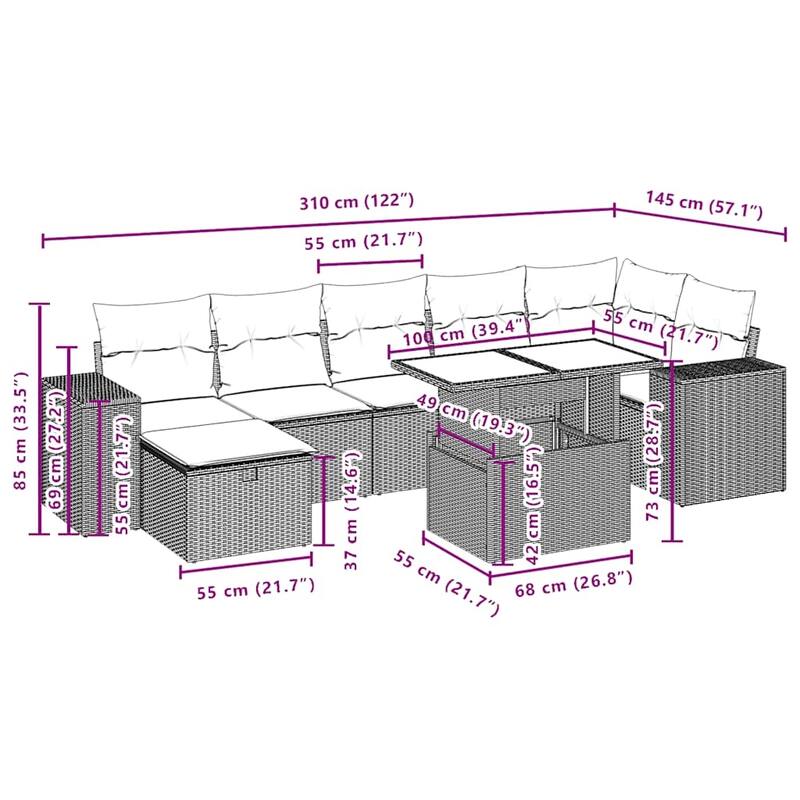vidaXL Patio Sofa Set with Cushions Sectional Couches 8 Piece Poly Rattan - 24.4 x 24.4 x 27.2