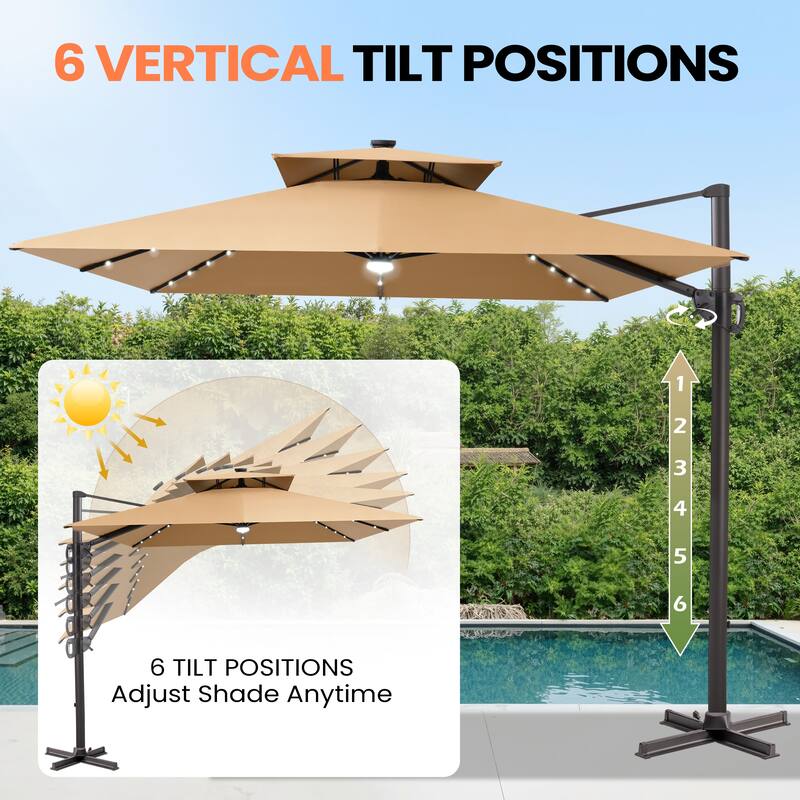 12 x 9 FT Outdoor Patio Cantilever Umbrella with Solar Lights Double Canopy 360 Rotation Tilt with Rod Wheel Base