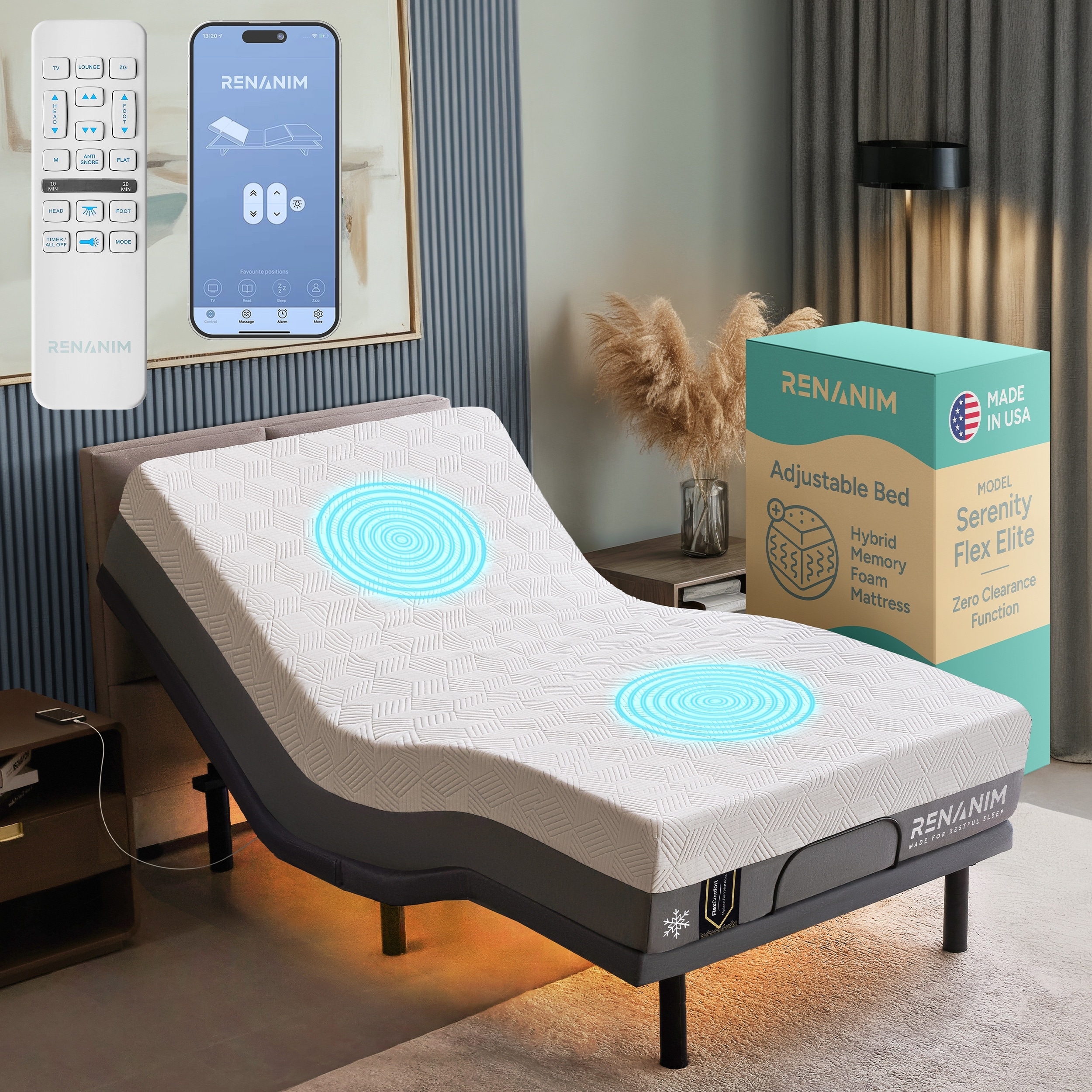 Renanim Adjustable Twin XL Bed Frame with Hybrid Mattress, Dual Massage, USB Ports, App, Remote