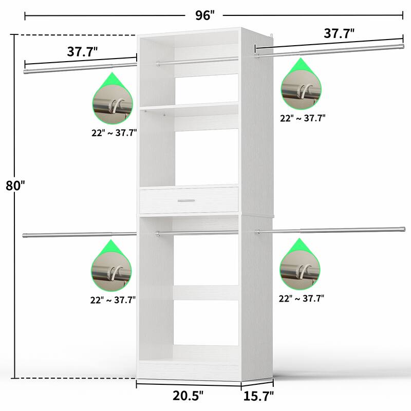 Rackcog 96'' Closet System with 6 Hanging Rods, Adjustable Closet Organizer with Drawers and Shelves