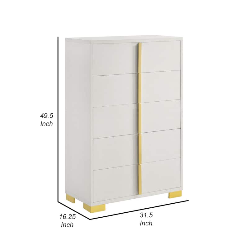 Dex 50 Inch Tall Dresser Chest, 5 Drawers with Vertical Gold Handles, White