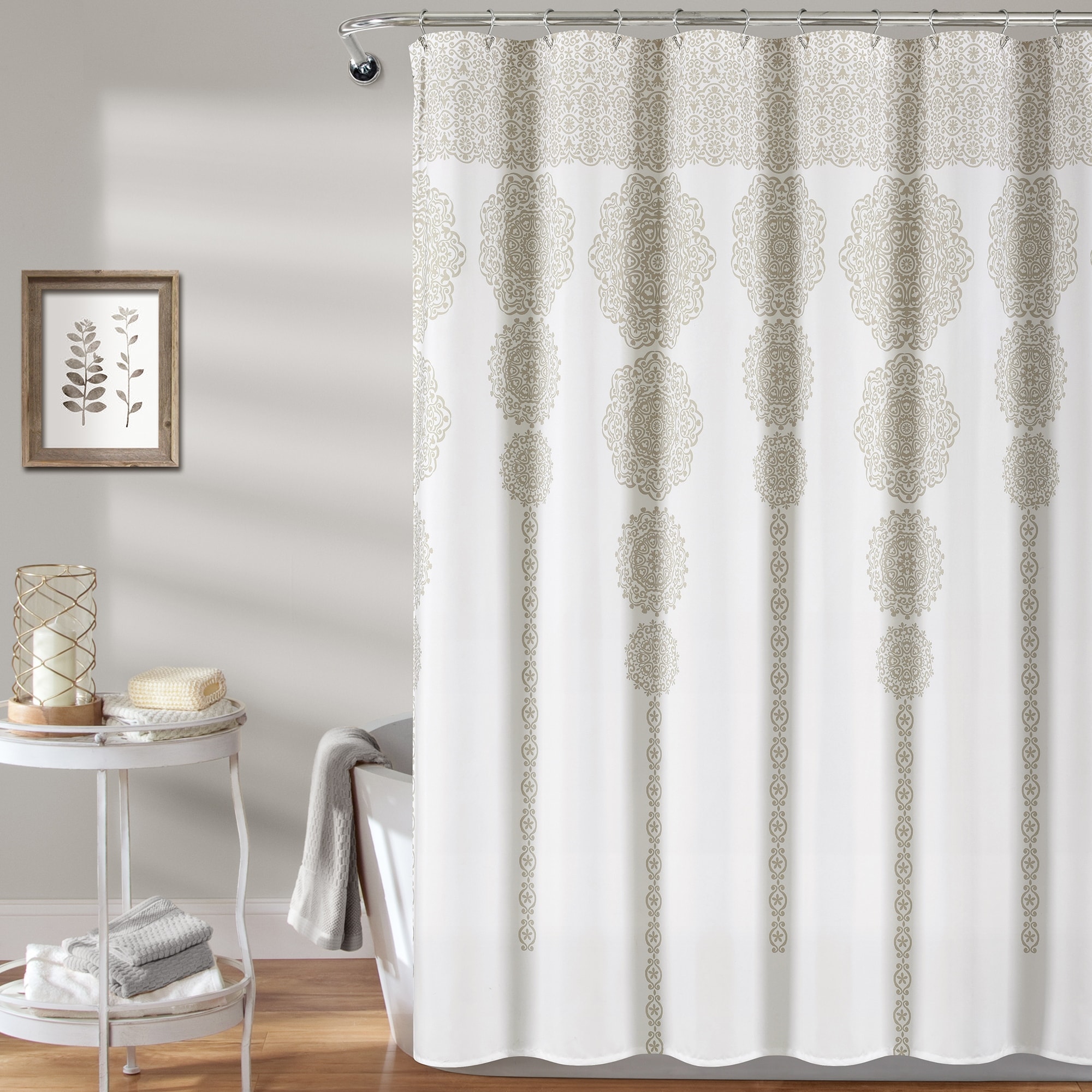 Gray Boho Medallion Shower Curtain-Fabric Bohemian Damask Print Design with Tassels Lush Decor 72 x 72 