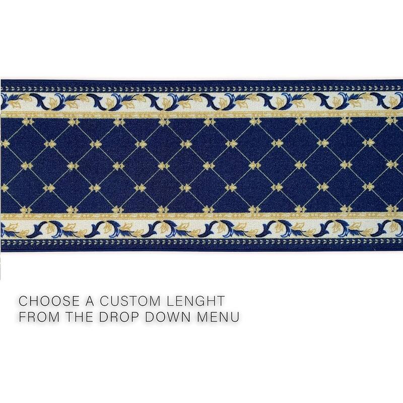 Custom Size French Trellis Design Brown,Red,Blue Color Non-Slip Rubber Backing- 31 Inch WidexYour Choice of Length Runner Rug