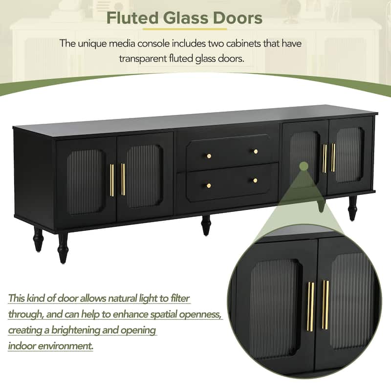 69.6" TV Stand with Fluted Glass Doors, 2 Drawers and Cabinets for TVs Up to 78"