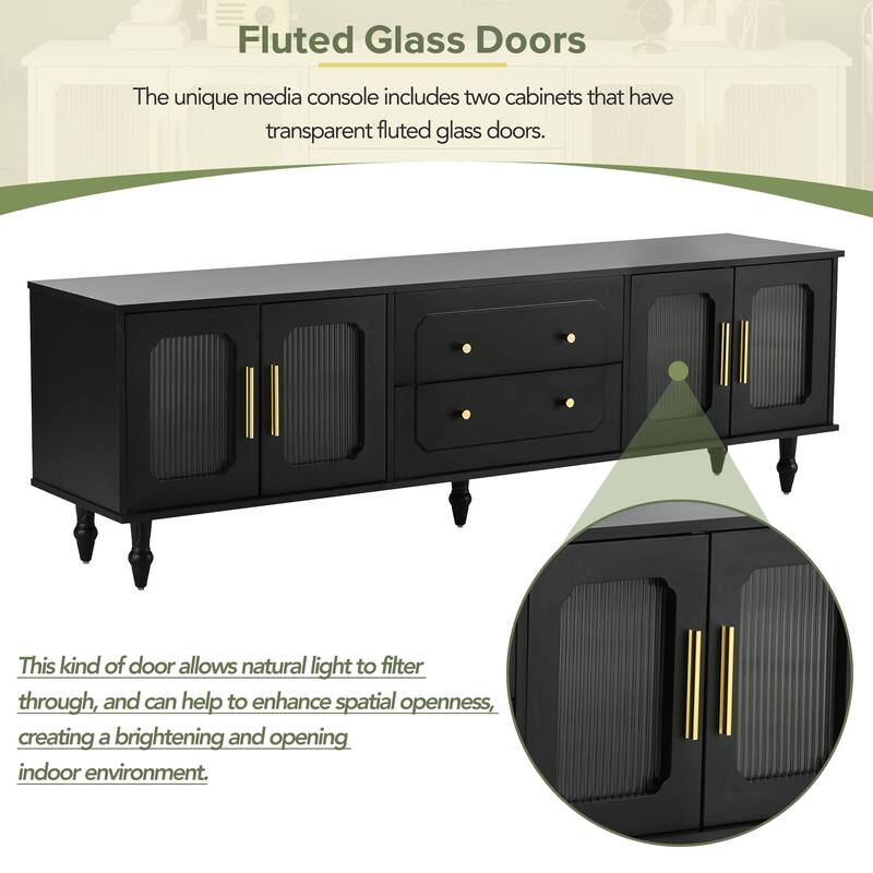 TV Stand with Fluted Glass Doors & 2 Drawers for TVs Up to 78'', Television Console Table Storage Cabinet for Living Room, Black