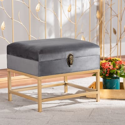 Aliana Glam and Luxe Velvet and Gold Metal Small Storage Ottoman