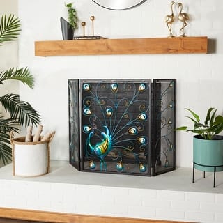 Blue Metal Rainbow 3 Panel Peacock Fireplace Screen with Crystal Accents and Black Frame