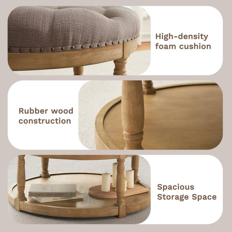 HUIMO 33in Round Upholstered Solid Wood Ottoman Coffee Table with Storage Shelf